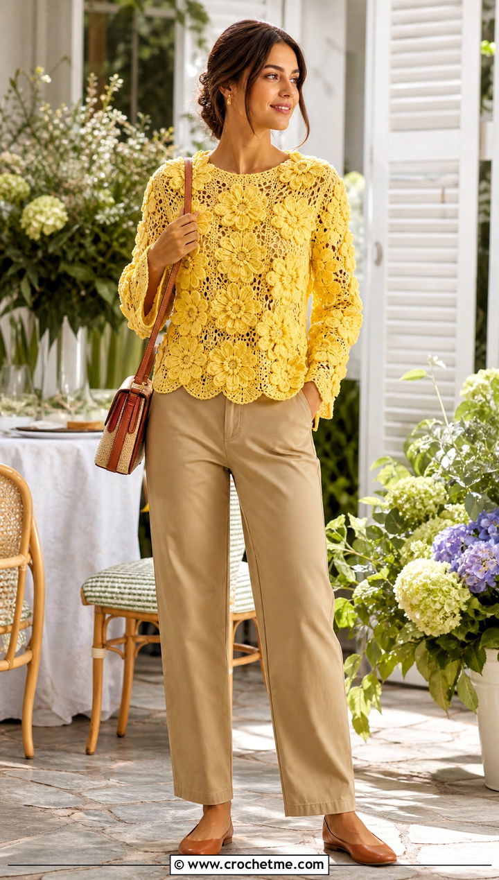 Floral Applique Crochet Sweater Top With Chino Pants - 35 Crochet Top Sweater outfit ideas