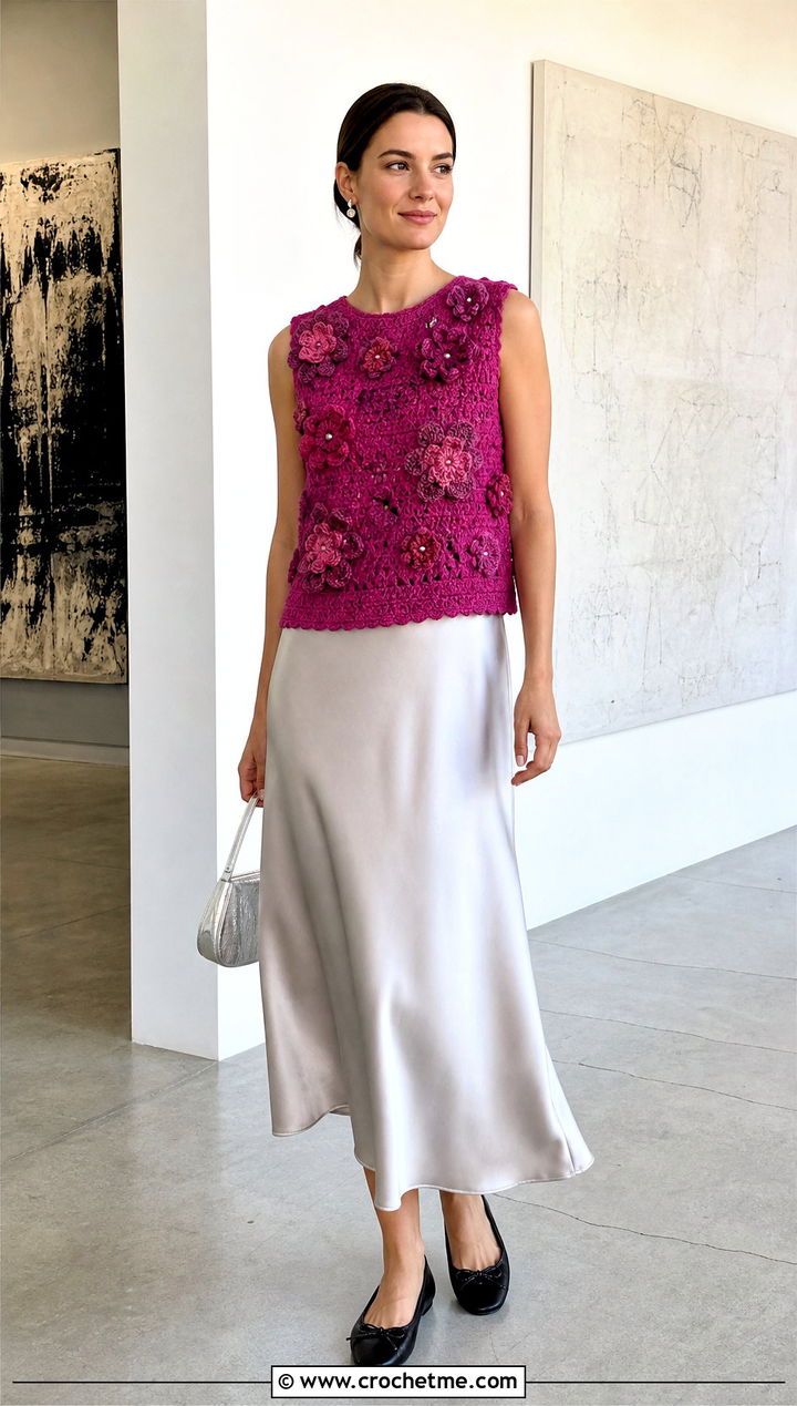 Floral Applique Crochet Sweater Vest With Slip Dress - 25 diy crochet sweater vest outfit ideas