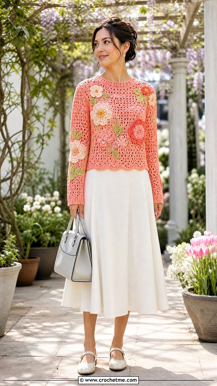 Floral Applique Crochet Sweater With A Line Skirt - 35 cute crochet sweaters outfit ideas
