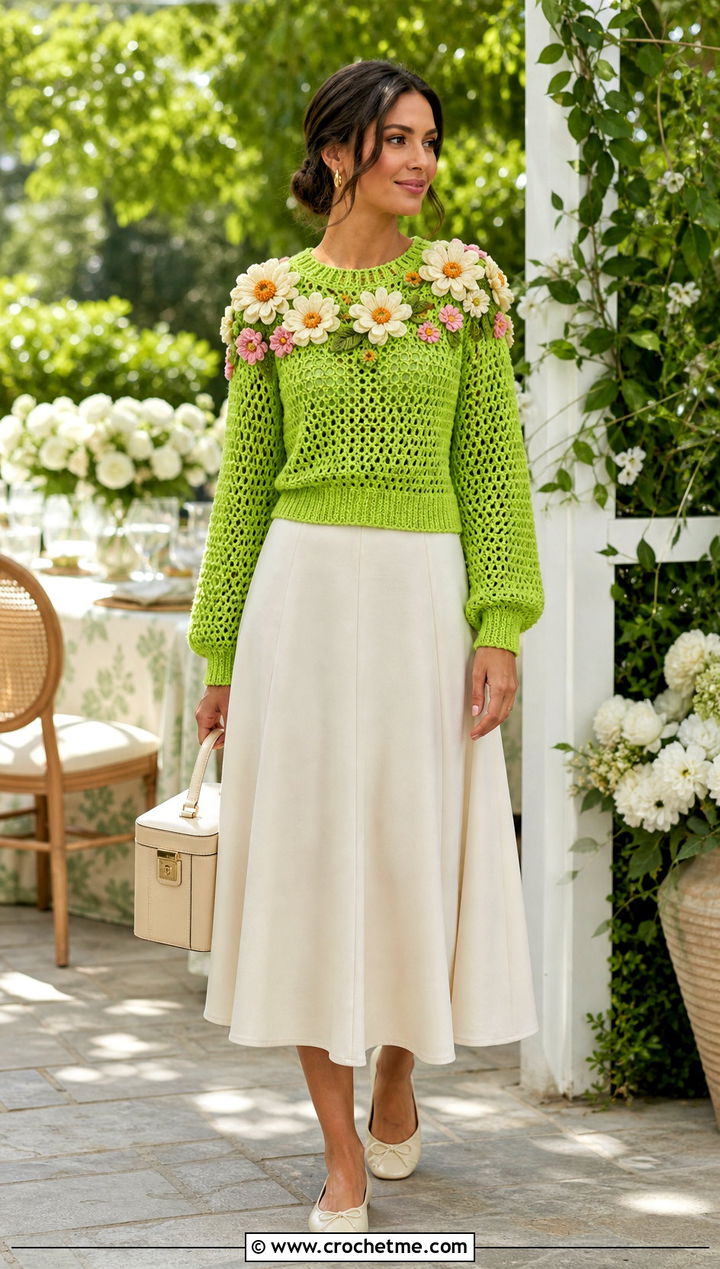 Floral Applique Crochet Sweater With A Line Skirt - 35 crocheted sweaters outfit ideas