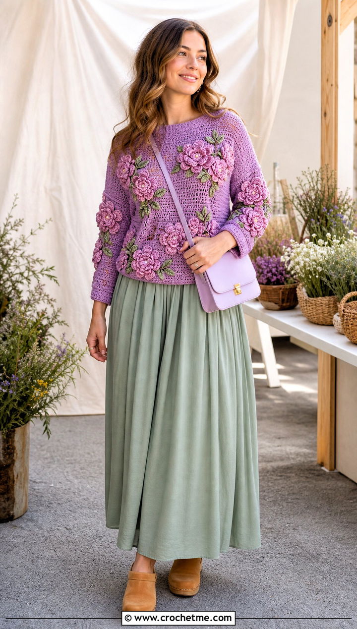 Floral Applique Crochet Sweater With Maxi Skirt - 35 cute crochet sweater outfit ideas