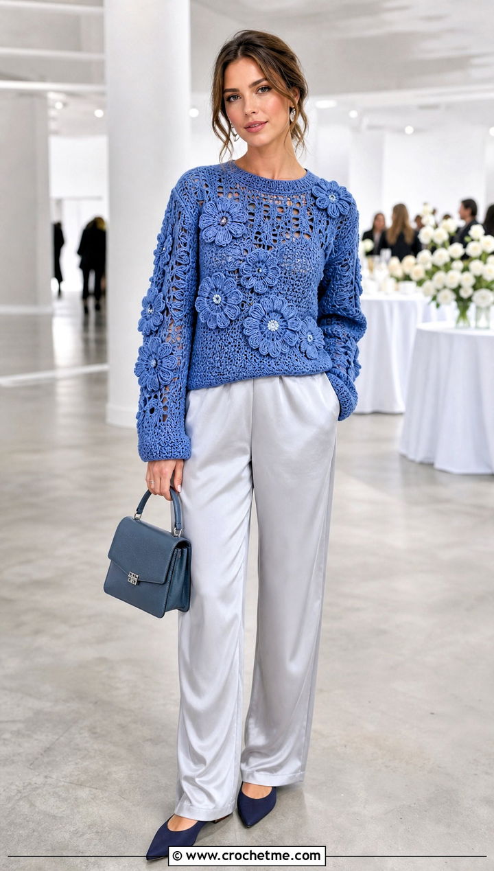Floral Applique Crochet Sweater With Satin Pants - 35 crochet sweater for women outfit ideas