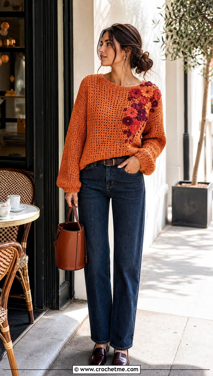 Floral Applique Crochet Sweater With Straight Leg Jeans - 15 Customizable Crochet Sweater Design outfit ideas