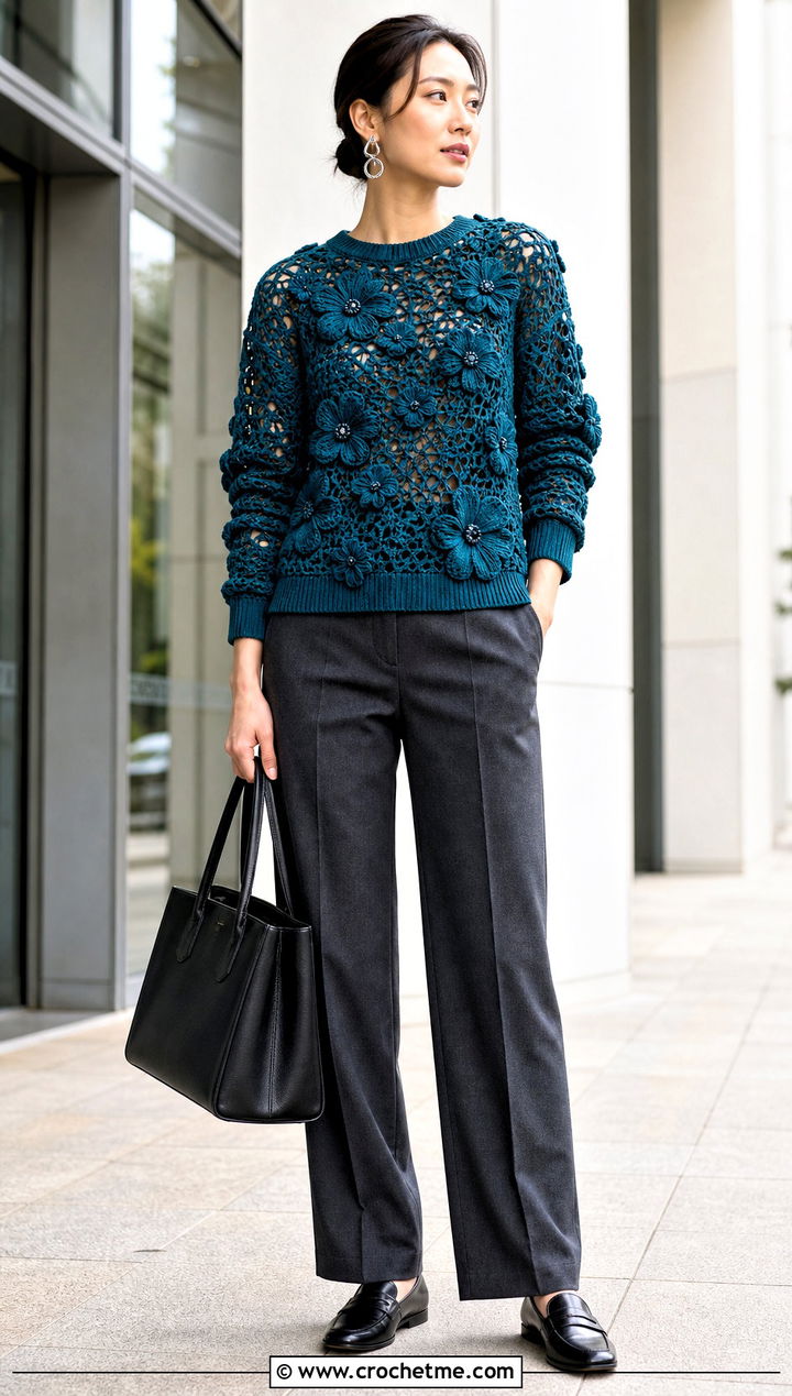 Floral Applique Crochet Sweater With Tailored Trousers - 15 Anthropologie Crochet Sweater outfit ideas