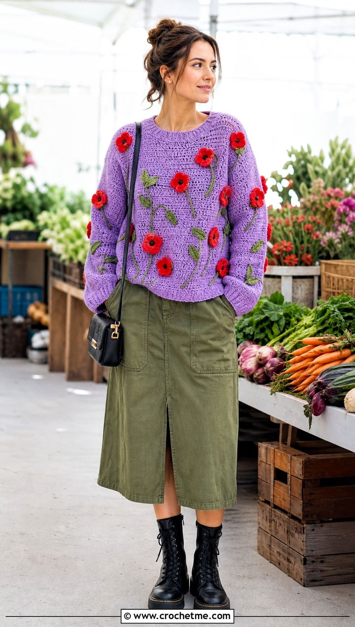 Floral Applique Crochet Sweater With Utility Midi Skirt - 35 diy crochet sweater outfit ideas