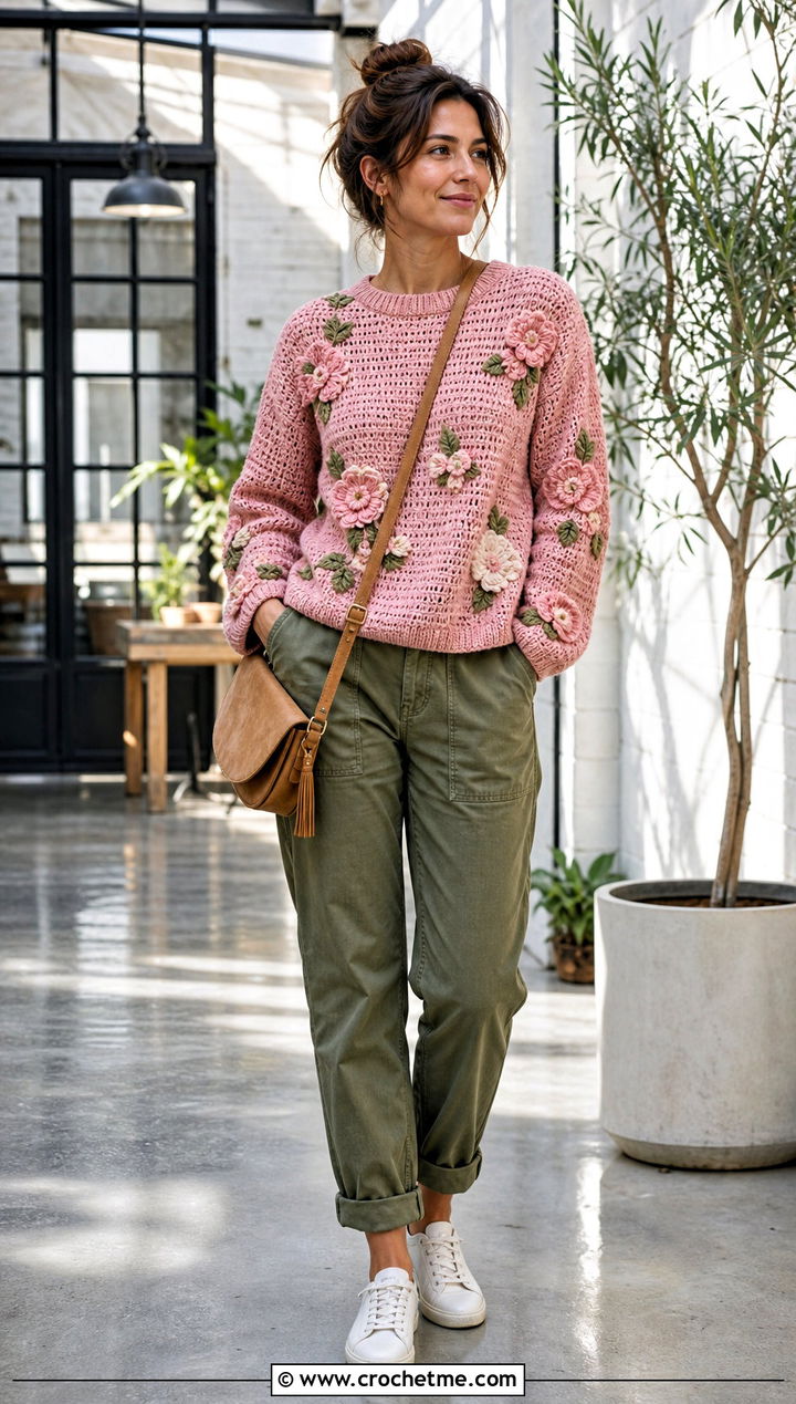 Floral Applique Crochet Sweater With Utility Pants - 30 cozy crochet sweater outfit ideas