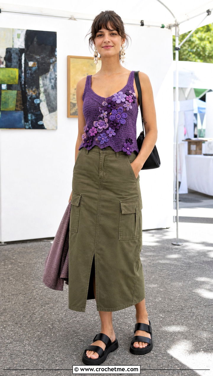 Floral Applique Crochet Tank Top With Utility Skirt - 15 diy crochet tank top outfit ideas