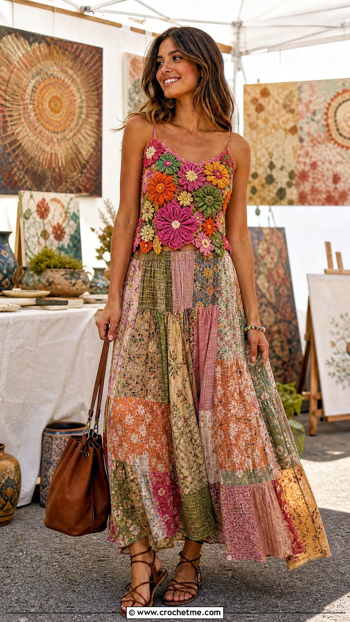 Floral Applique Crochet Tank With Patchwork Maxi Skirt - 35 hippie crochet top outfit ideas