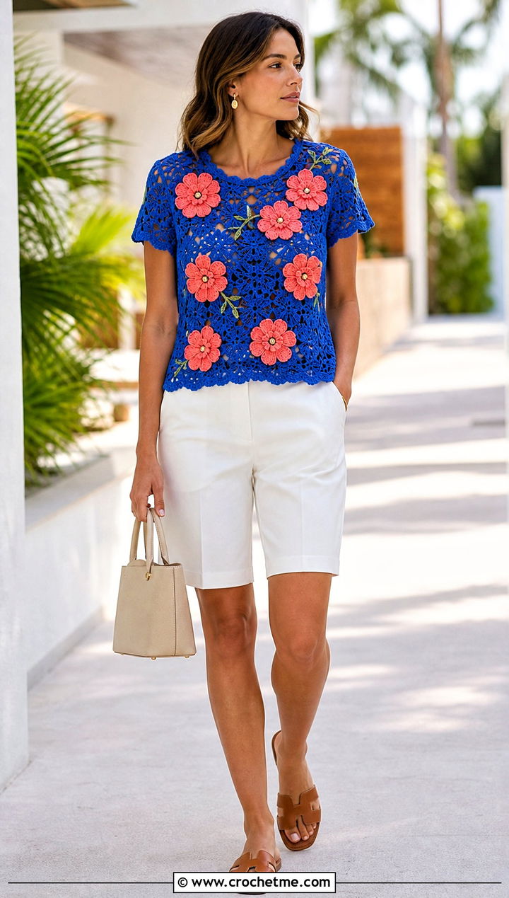 Floral Applique Crochet Tee With Bermuda Shorts - 35 crochet tee outfit ideas