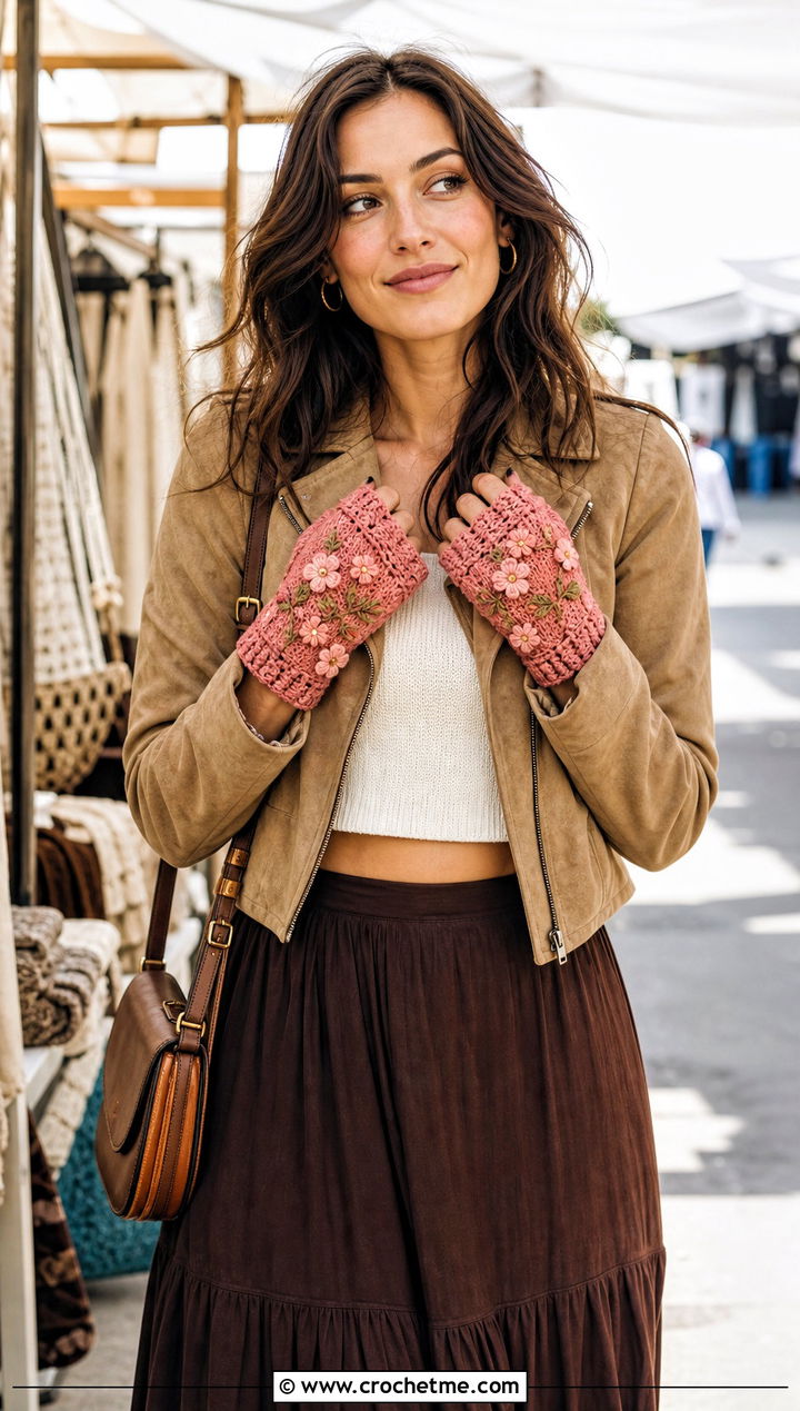 Floral Applique Crochet Texting Gloves With Suede Jacket - 15 Crochet Texting Gloves outfit ideas