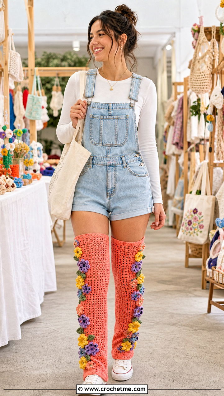 Floral Applique Crochet Thigh High Leg Warmers With Overalls - 25 Crochet Thigh High Leg Warmers outfit ideas