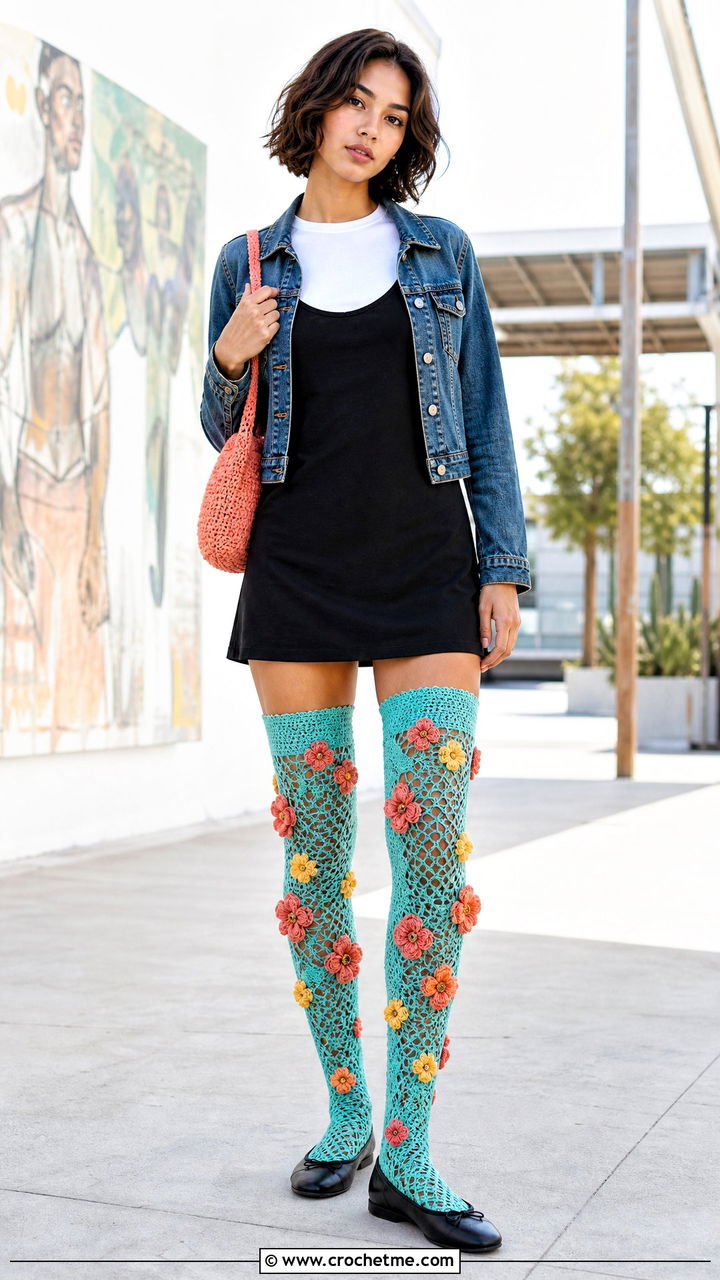 Floral Applique Crochet Thigh High Socks With Slip Dress - 35 crochet thigh high socks outfit ideas