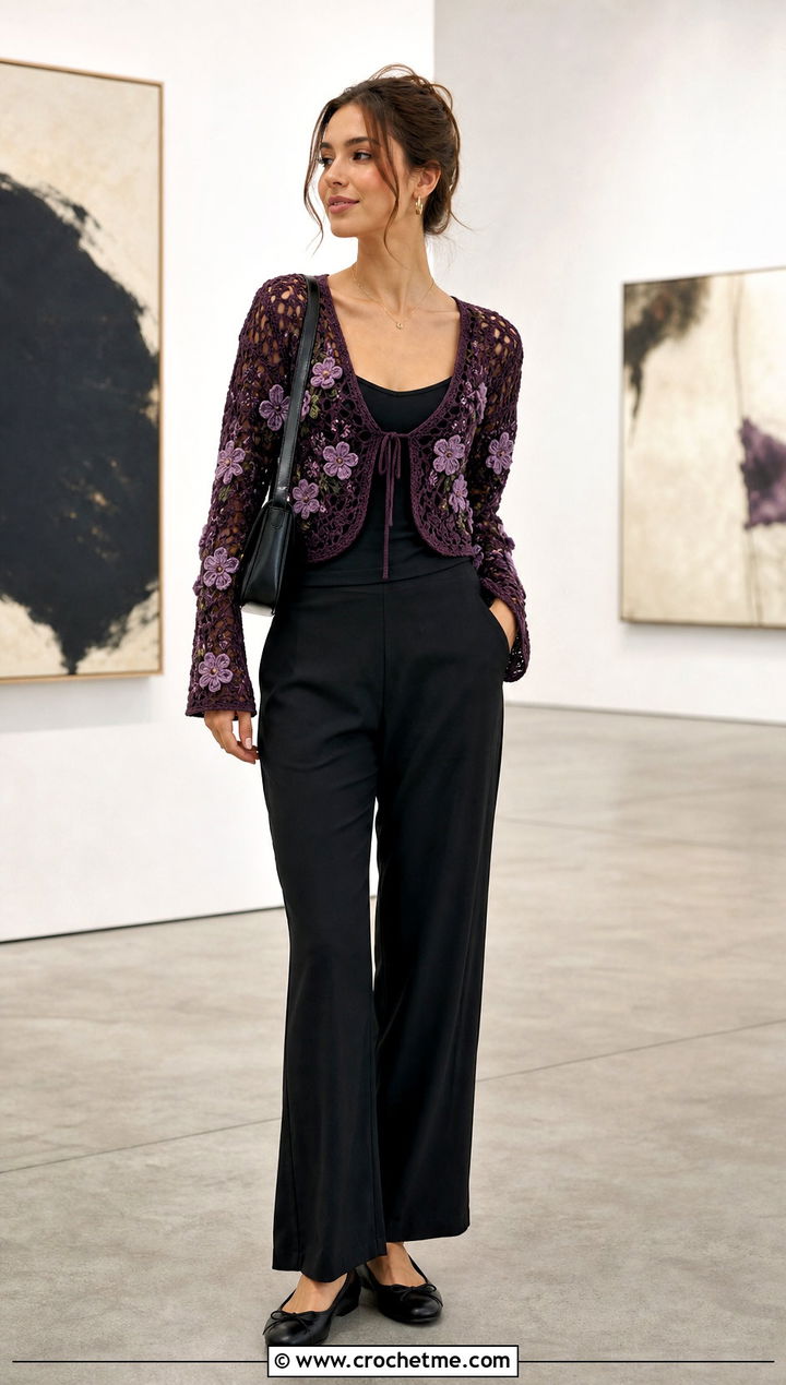 Floral Applique Crochet Tie Cardigan With Black Trousers - 35 crochet tie cardigan outfit ideas
