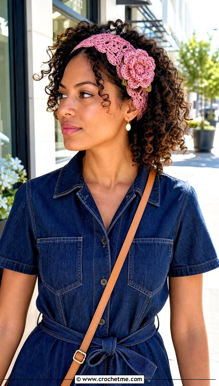 Floral Applique Crochet Tie Headband With Denim Dress - 35 crochet tie headband outfit ideas