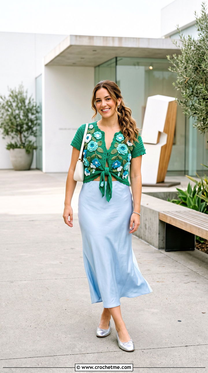 Floral Applique Crochet Tie Top With Bias Cut Skirt - 35 crochet tie top outfit ideas