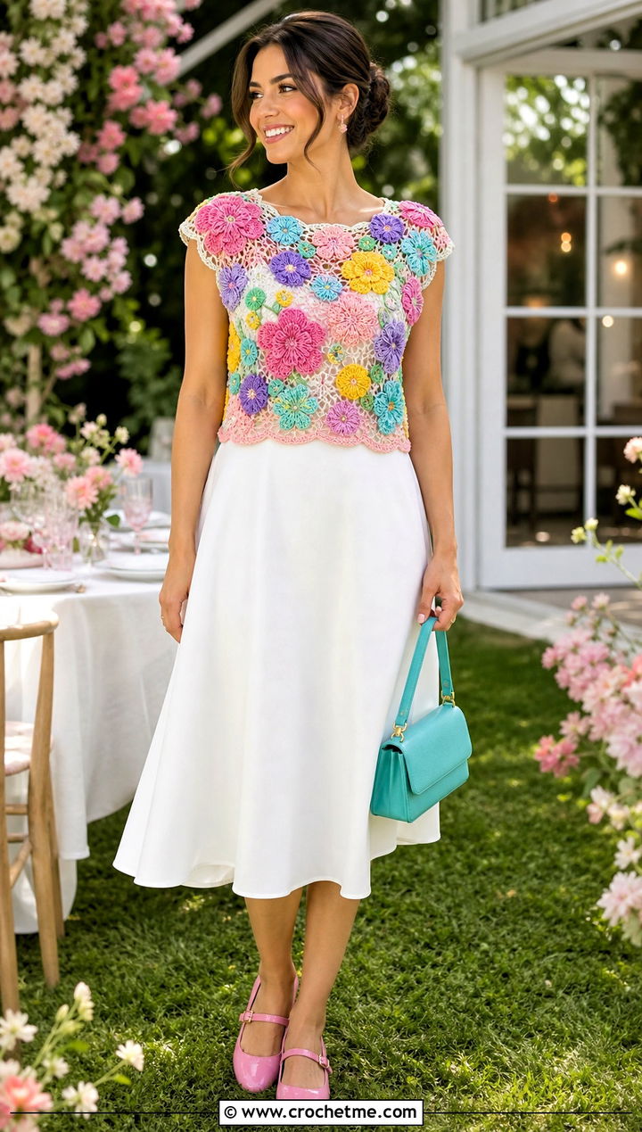 Floral Applique Crochet Top With A Line Skirt - 30 easy tops to crochet outfit ideas
