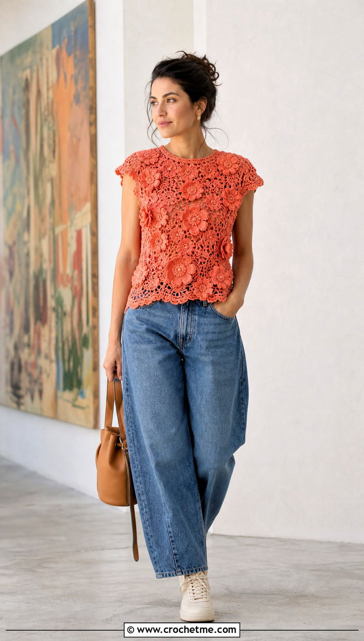 Floral Applique Crochet Top With Barrel Jeans - 35 Easy Crochet Top outfit ideas