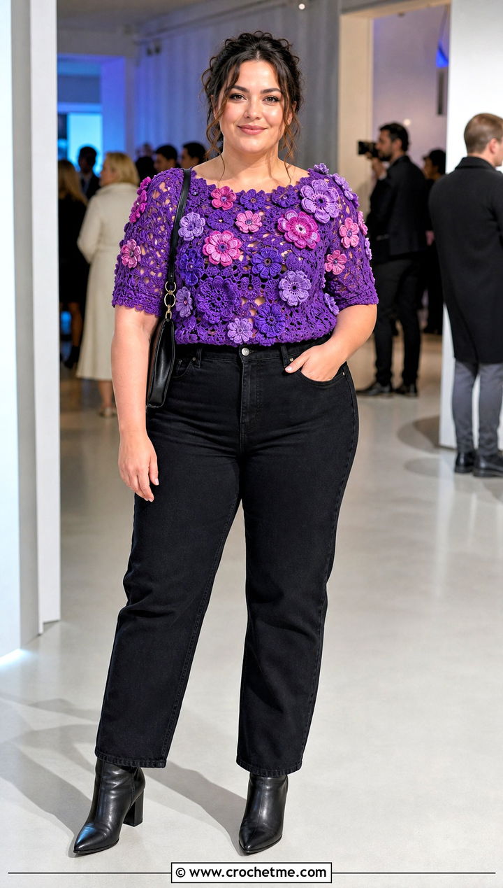 Floral Applique Crochet Top With Black Jeans - 25 Xxl Crochet Top outfit ideas