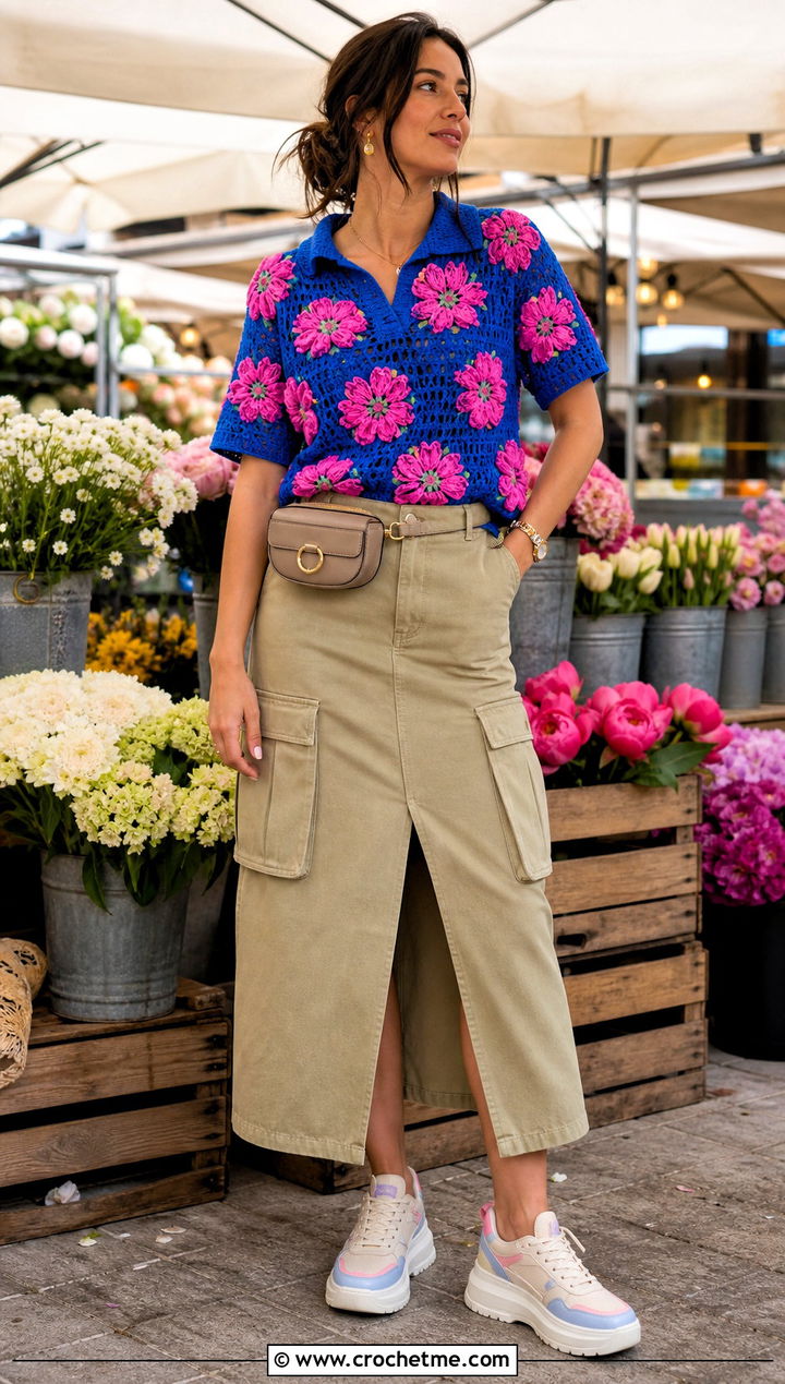 Floral Applique Crochet Top With Cargo Skirt - 35 spring crochet top outfit ideas