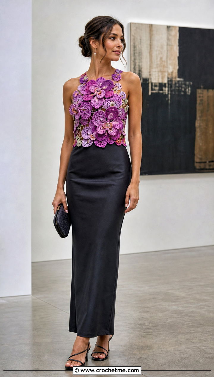 Floral Applique Crochet Top With Column Skirt - 25 vintage crochet tops outfit ideas