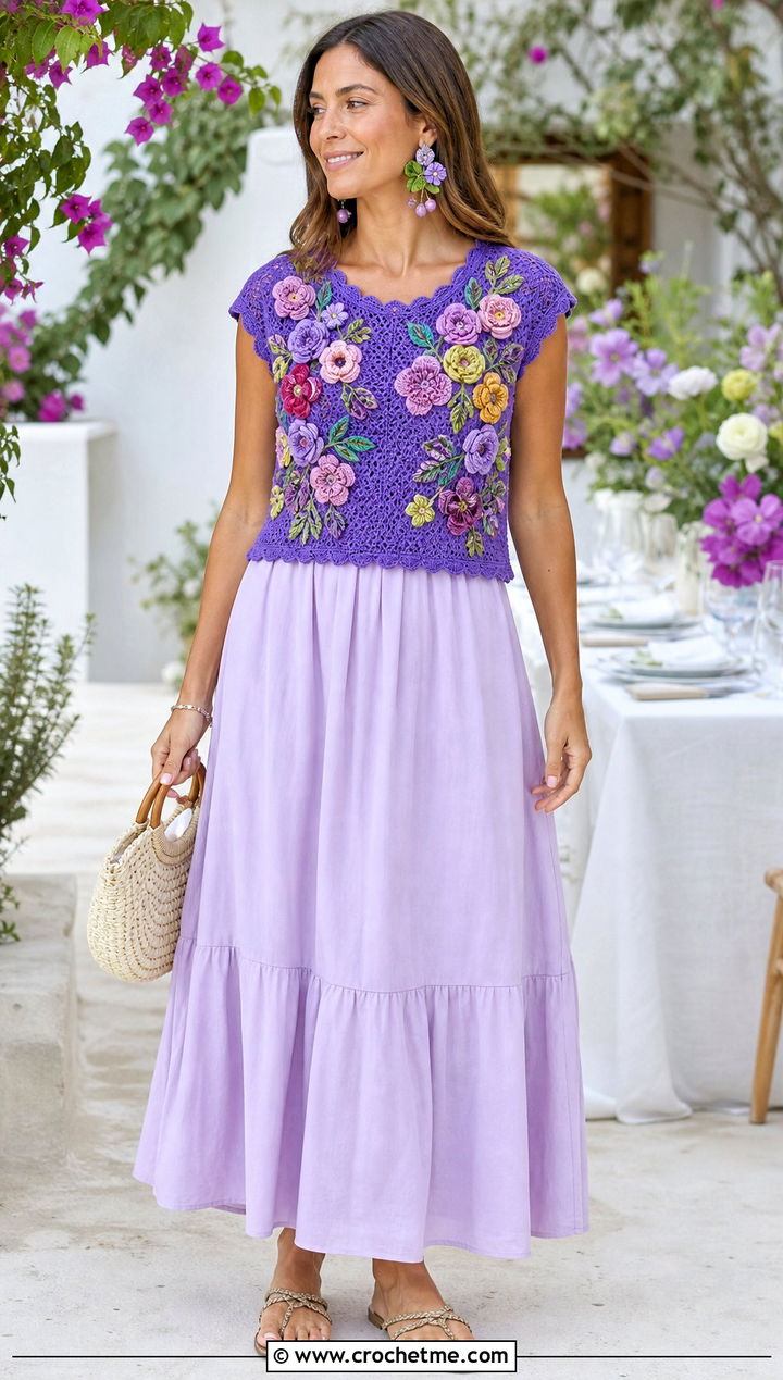 Floral Applique Crochet Top With Cotton Maxi Skirt - 35 crochet top for summer outfit ideas