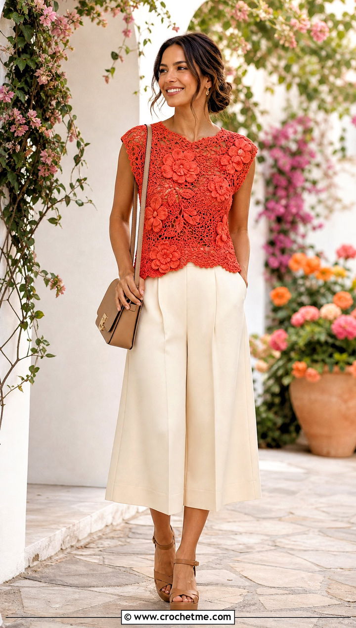 Floral Applique Crochet Top With Culottes - 35 crochet vintage top outfit ideas