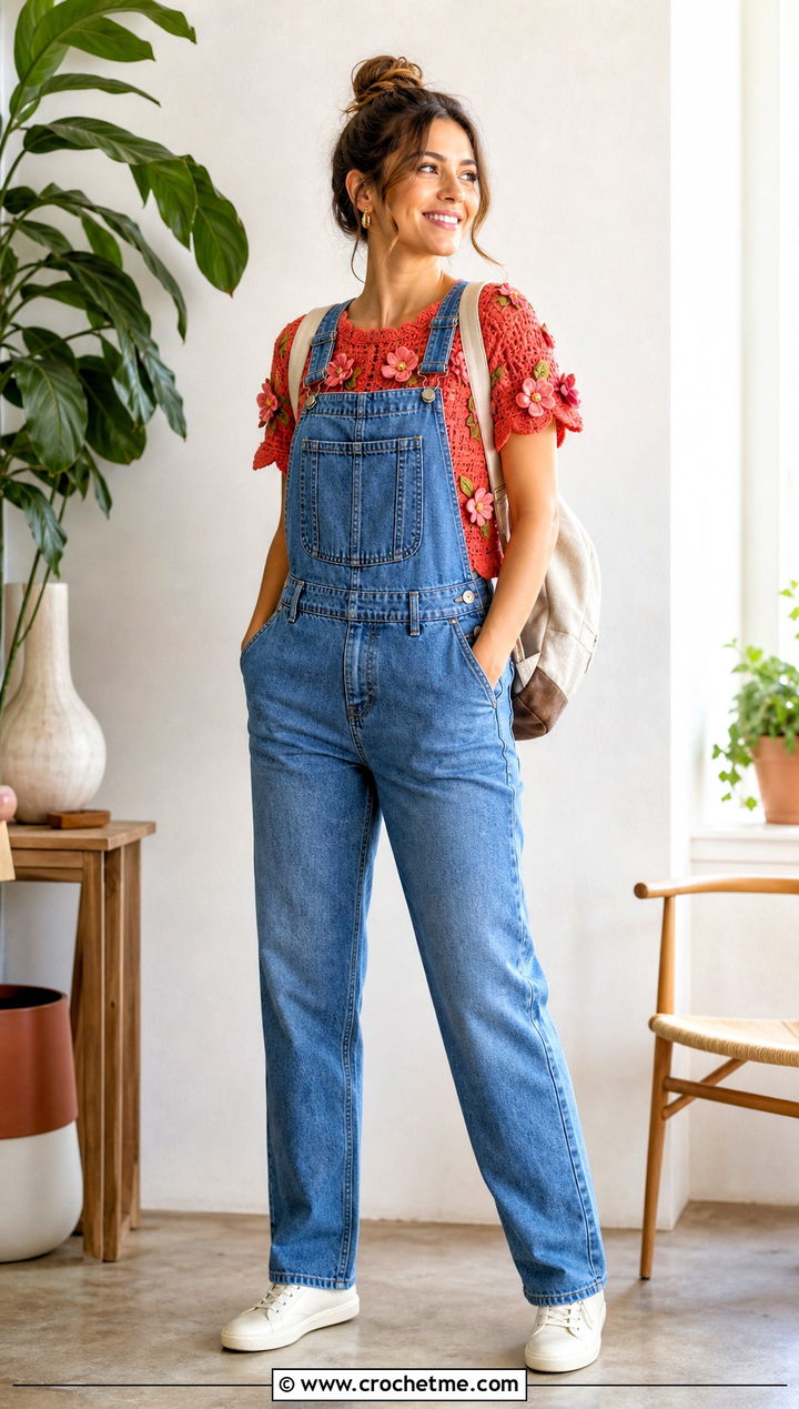 Floral Applique Crochet Top With Denim Overalls - 30 diy crochet top outfit ideas