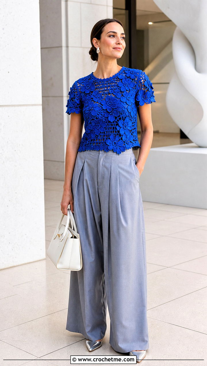 Floral Applique Crochet Top With Pleated Trousers - 35 aesthetic crochet summer tops outfit ideas