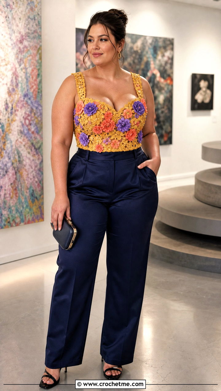 Floral Applique Crochet Top With Satin Trousers - 30 big bust crochet tops outfit ideas