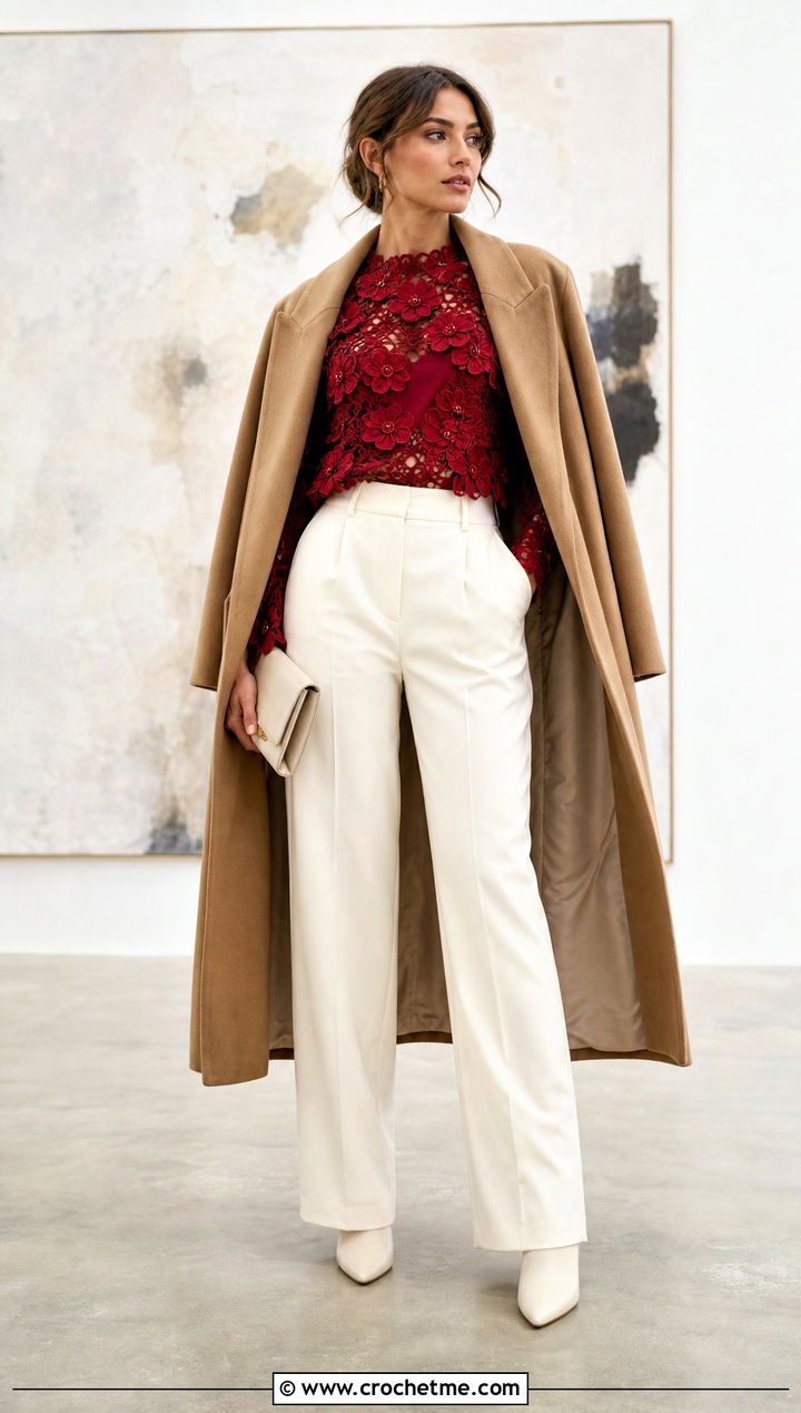 Floral Applique Crochet Top With Suit Pants - 35 winter crochet top outfit ideas