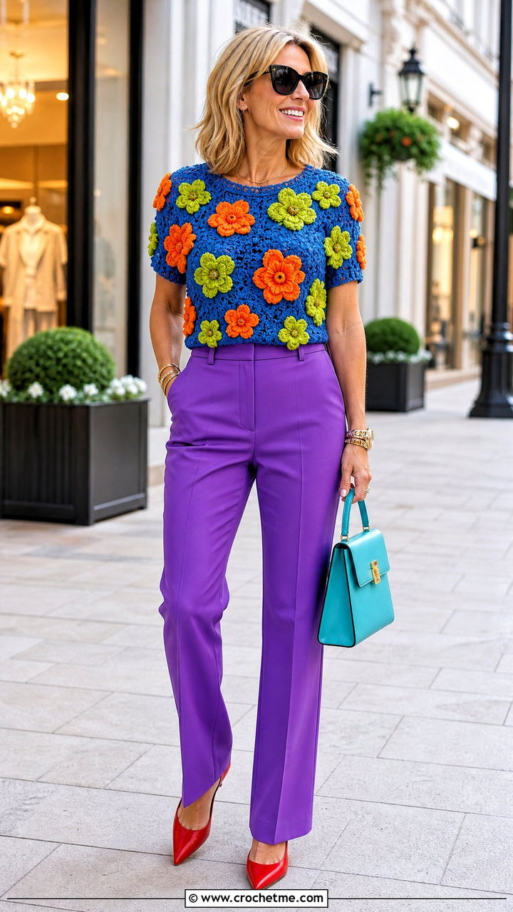 Floral Applique Crochet Top With Tailored Jeans - 35 crochet ladies tops outfit ideas