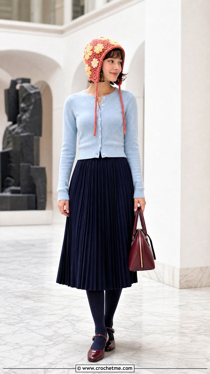 Floral Applique Crochet Trapper Hat With Midi Skirt - 35 Crochet Trapper Hat outfit ideas