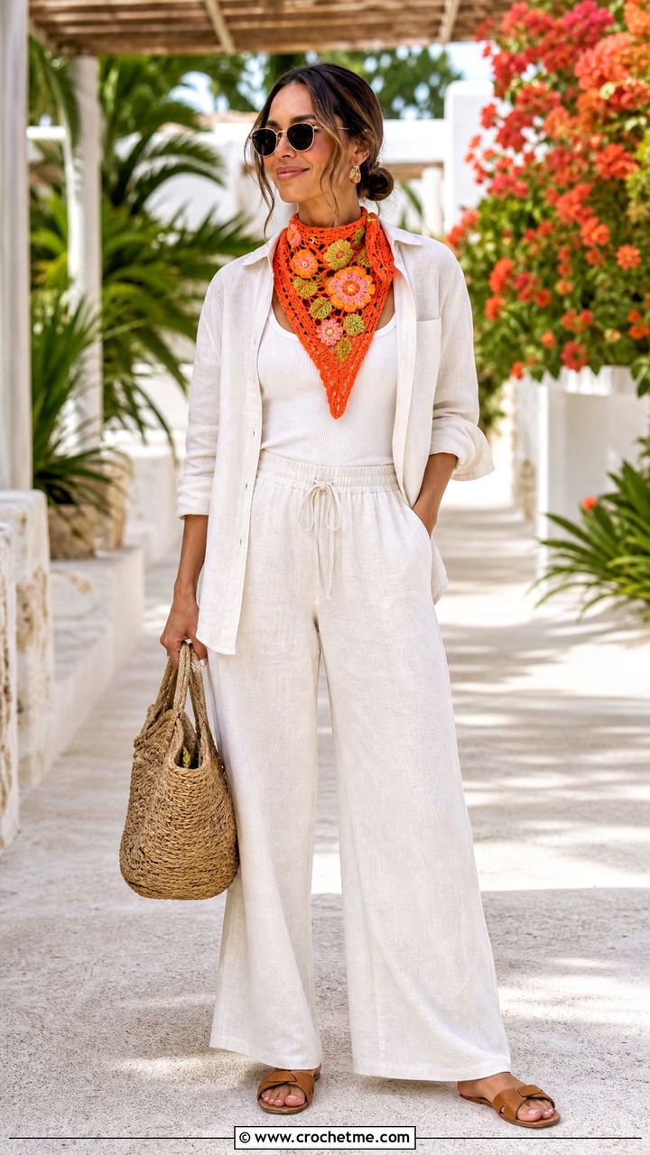 Floral Applique Crochet Triangle Scarf With Linen Shirt And Pants - 35 crochet triangle scarf outfit ideas