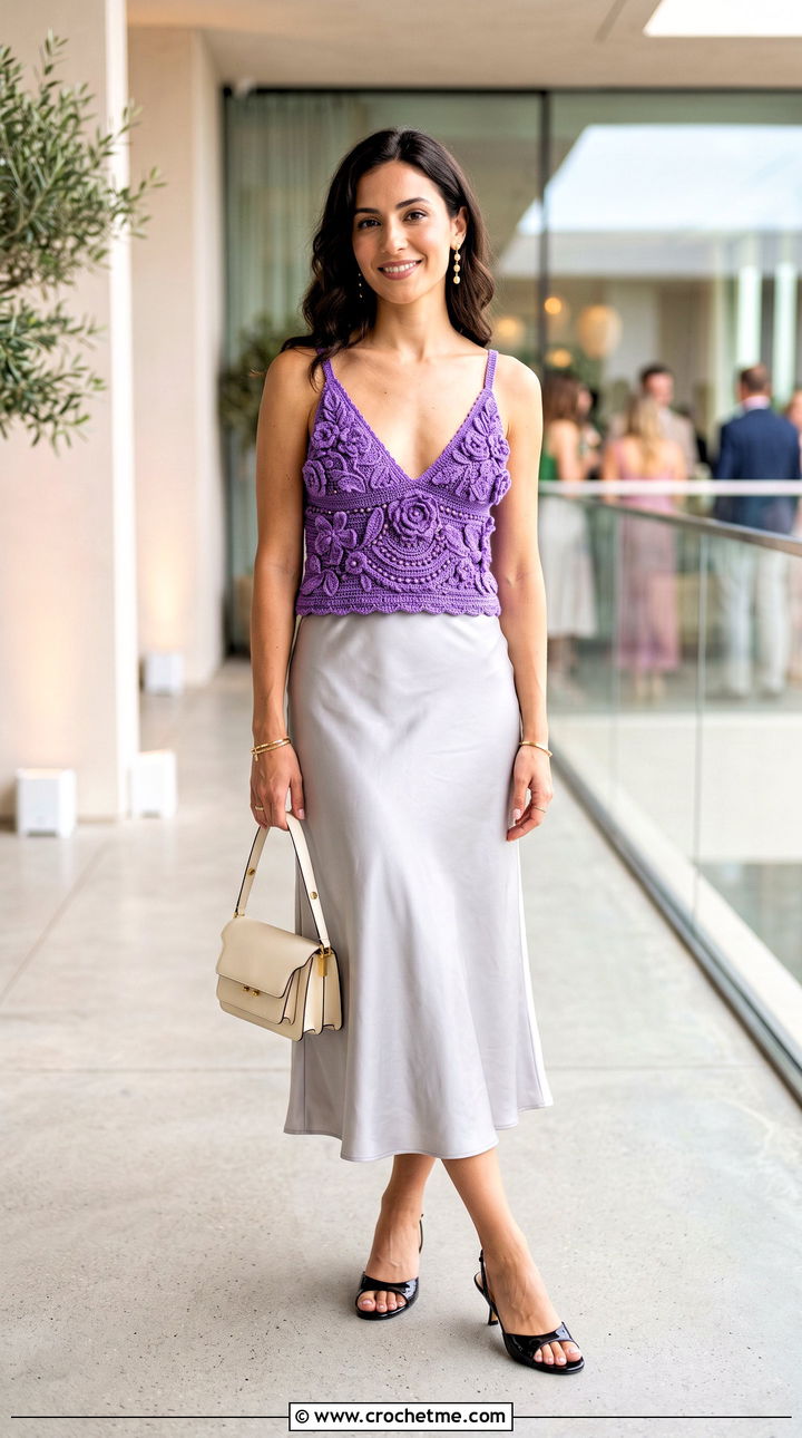 Floral Applique Crochet Triangle Top With Satin Skirt - 35 crochet triangle top outfit ideas