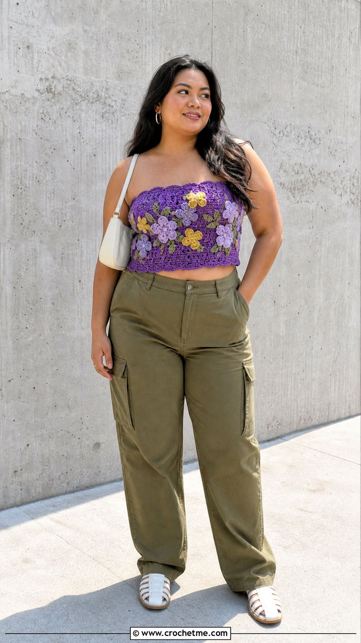 Floral Applique Crochet Tube Top With Cargo Pants - 35 crochet tube top outfit ideas