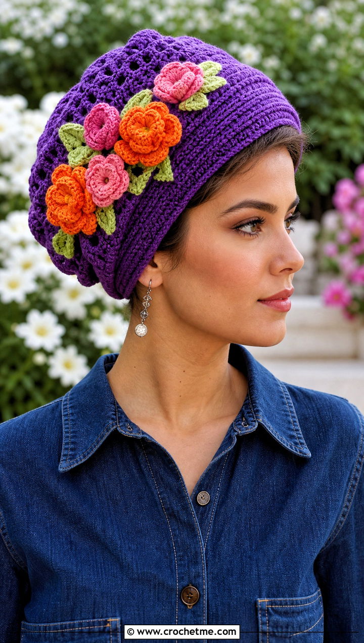 Floral Applique Crochet Turban Hat With Denim Dress - 35 crochet turban hat outfit ideas