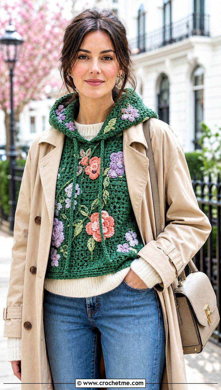 Floral Applique Crochet Turtle Neck Hoodie With Trench Coat - 30 crochet turtle neck hoodie outfit ideas