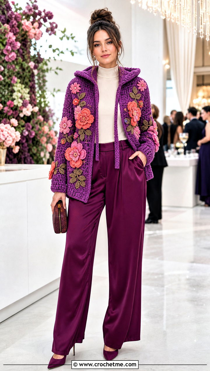 Floral Applique Crochet Turtleneck Hoodie With Party Trousers - 35 crochet turtleneck hoodie outfit ideas