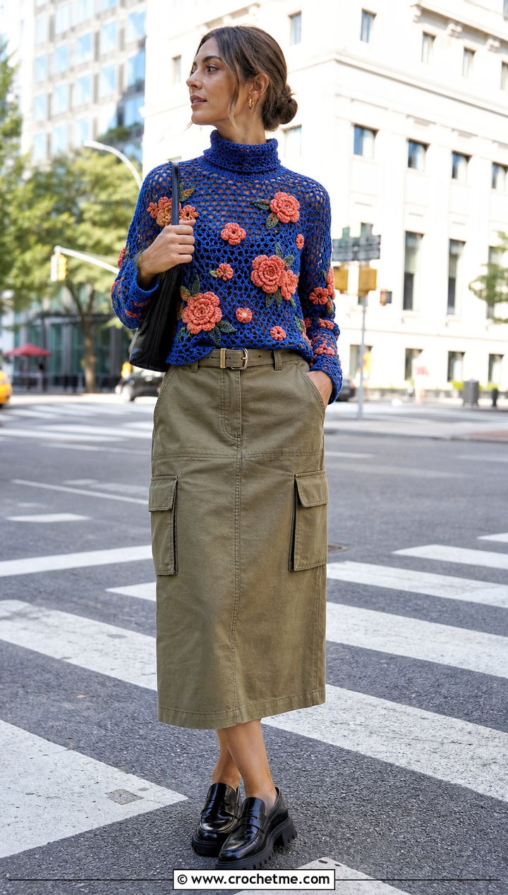 Floral Applique Crochet Turtleneck Top With Cargo Skirt - 30 crochet turtleneck top outfit ideas