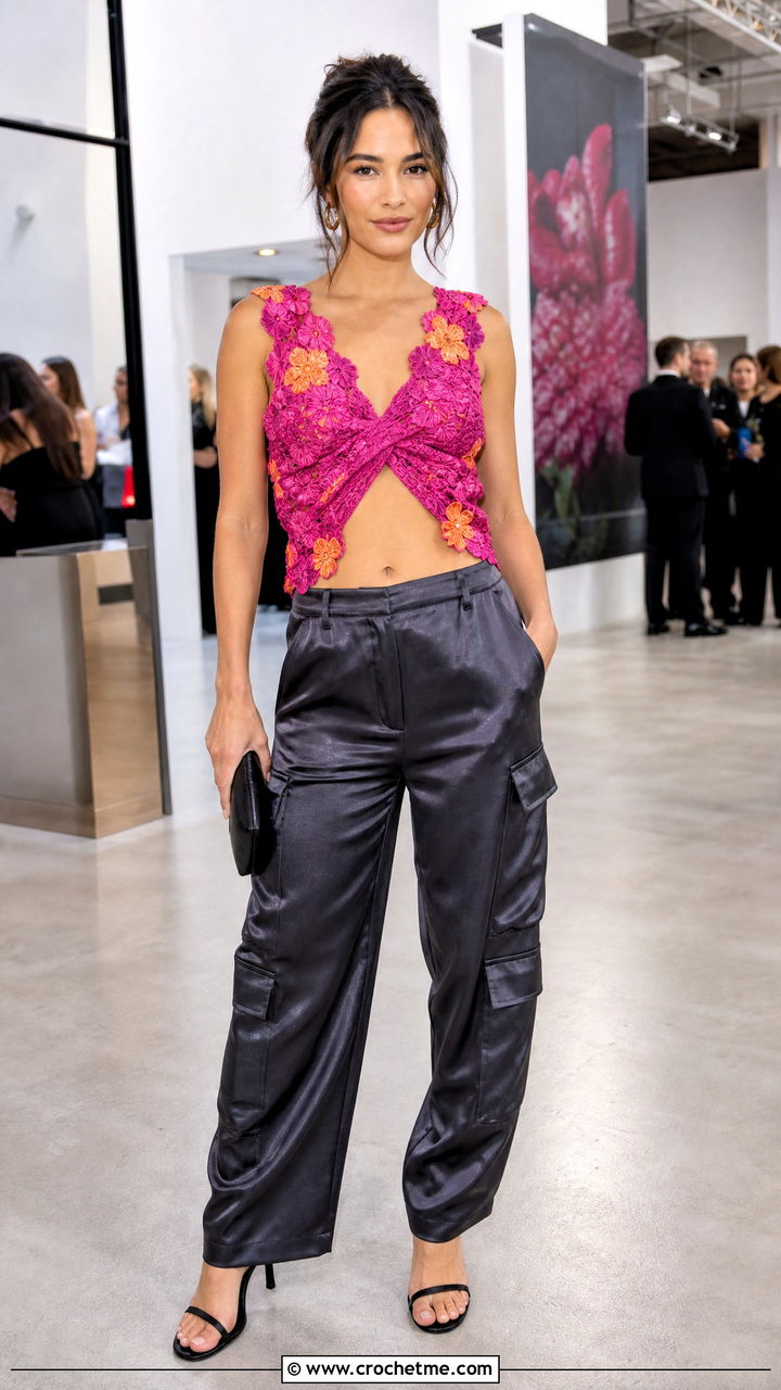 Floral Applique Crochet Twist Top With Satin Cargo Pants - 35 crochet twist top outfit ideas