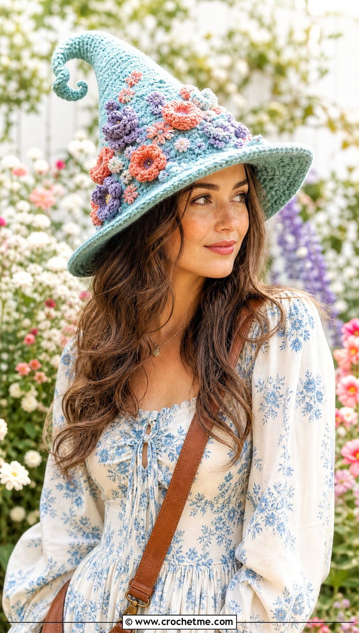 Floral Applique Crochet Twisted Witch Hat With Prairie Dress - 25 crochet twisted witch hat outfit ideas