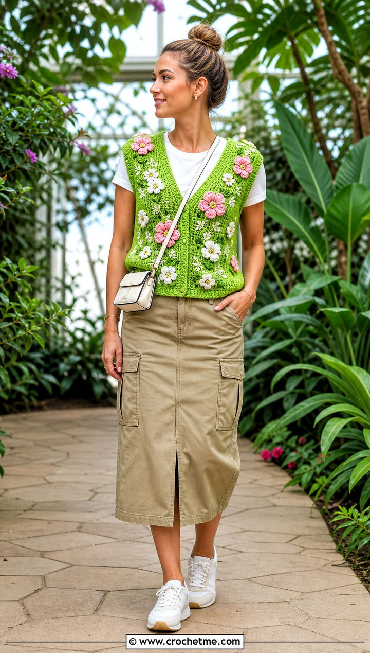 Floral Applique Crochet V Neck Sweater Vest With Utility Skirt - 25 crochet v neck sweater vest outfit ideas