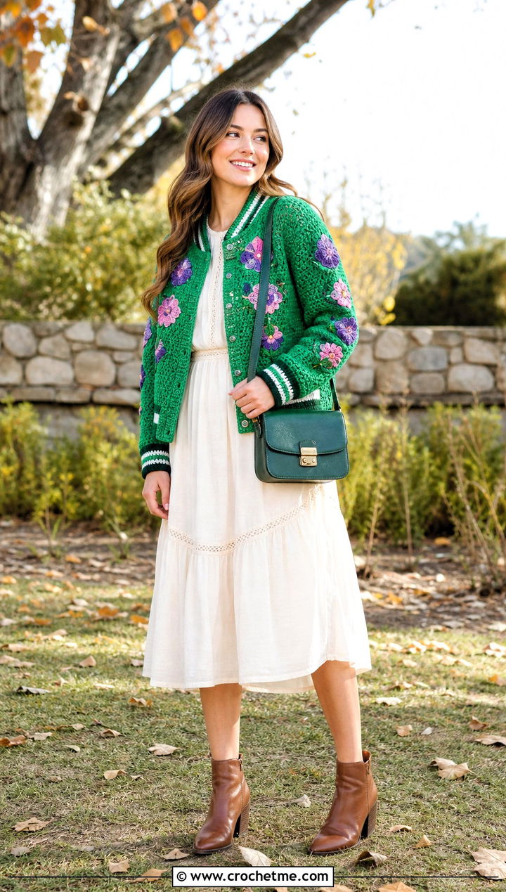 Floral Applique Crochet Varsity Jacket With Prairie Dress - 35 crochet varsity jacket outfit ideas