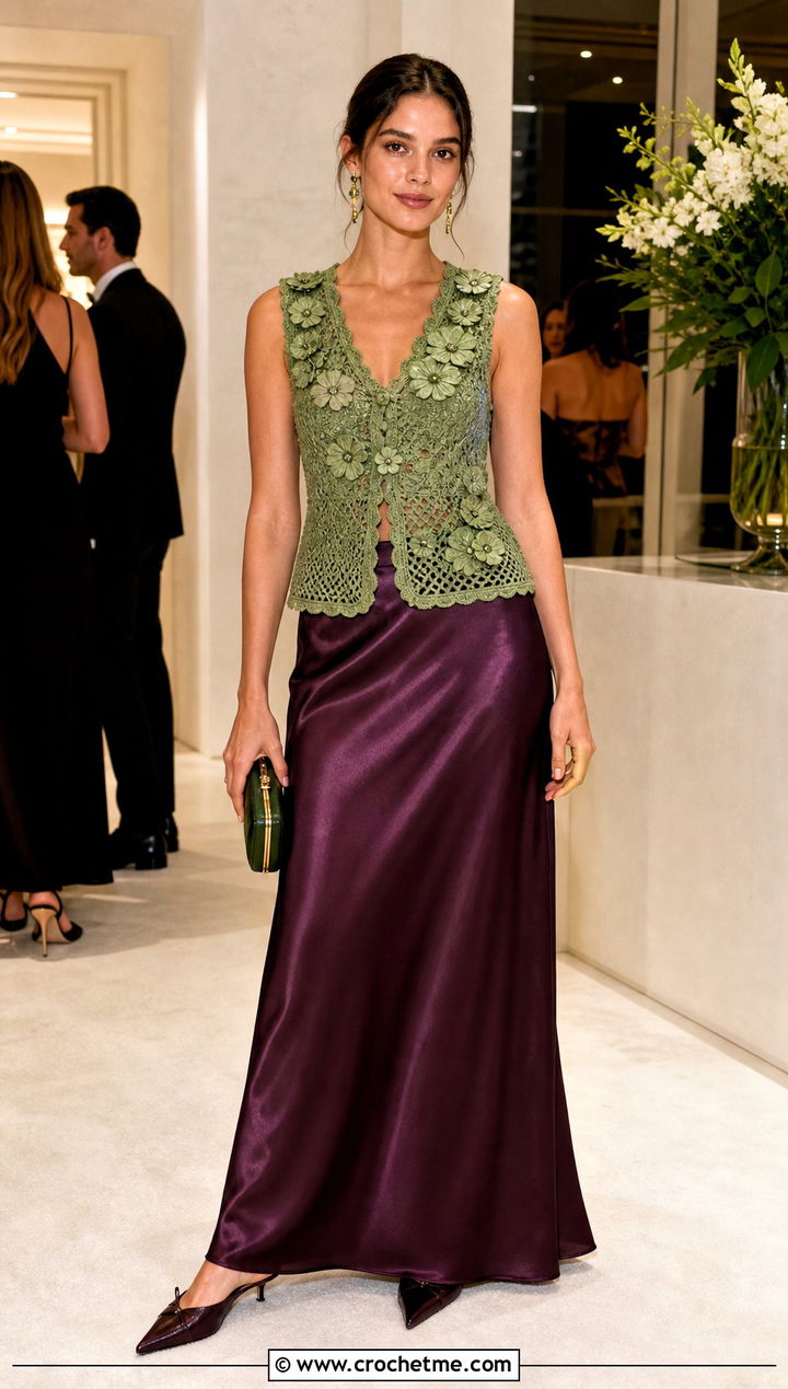 Floral Applique Crochet Vest With Satin Maxi Skirt - 15 green crochet vest design outfit ideas