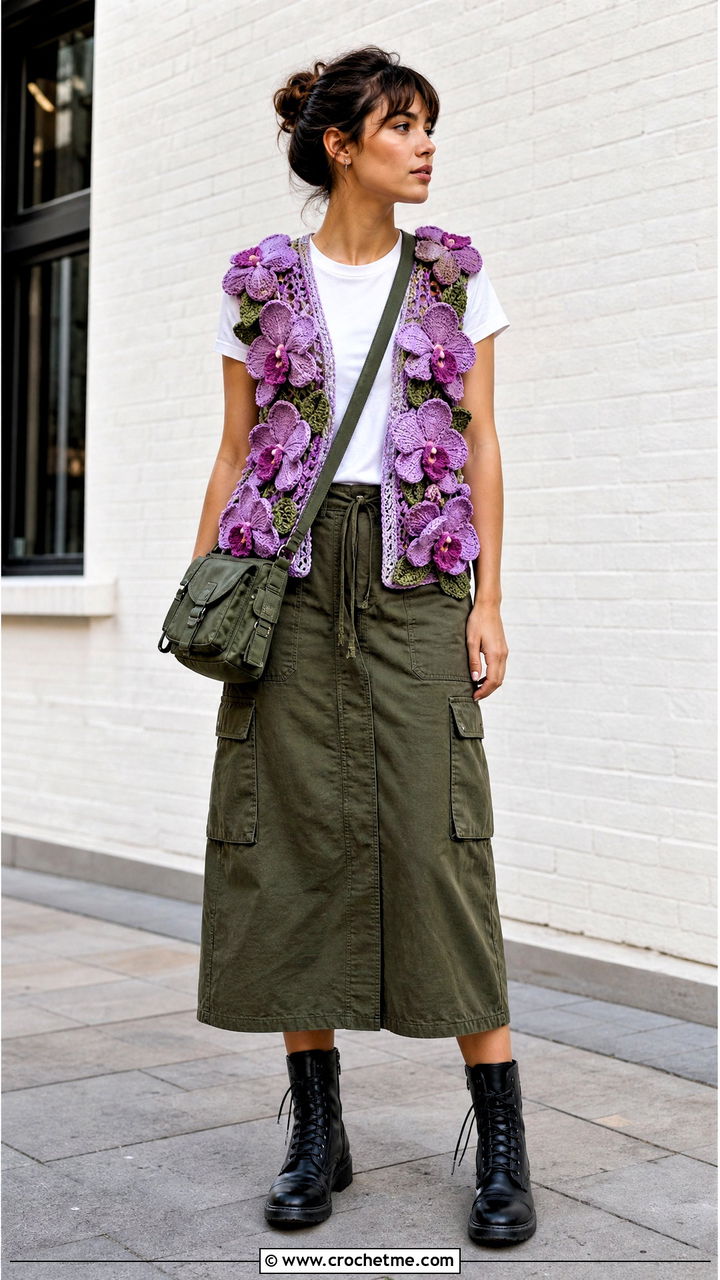 Floral Applique Crochet Vest With a Utility Skirt - 35 crochet vest woman outfit ideas