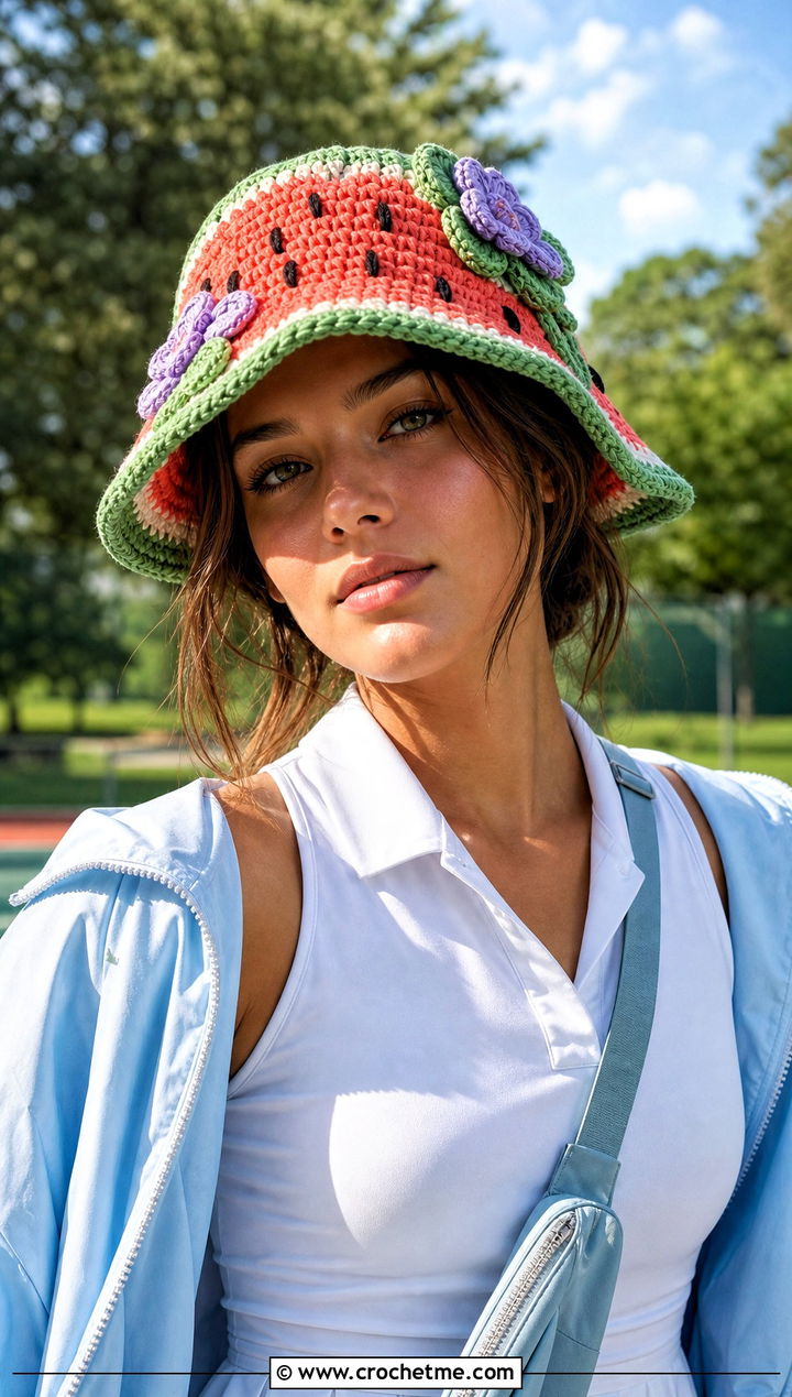 Floral Applique Crochet Watermelon Bucket Hat With Tennis Dress - 30 crochet watermelon bucket hat outfit ideas