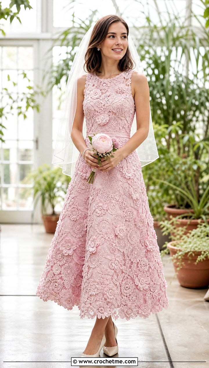 Floral Applique Crochet Wedding Dress With Satin Pumps - 15 crochet wedding dress inspiration outfit ideas