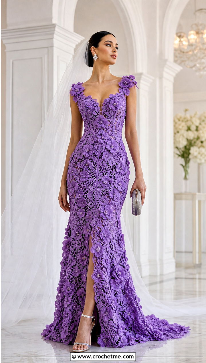 Floral Applique Crochet Wedding Gown With Metallic Heels - 30 crochet wedding dress gowns outfit ideas