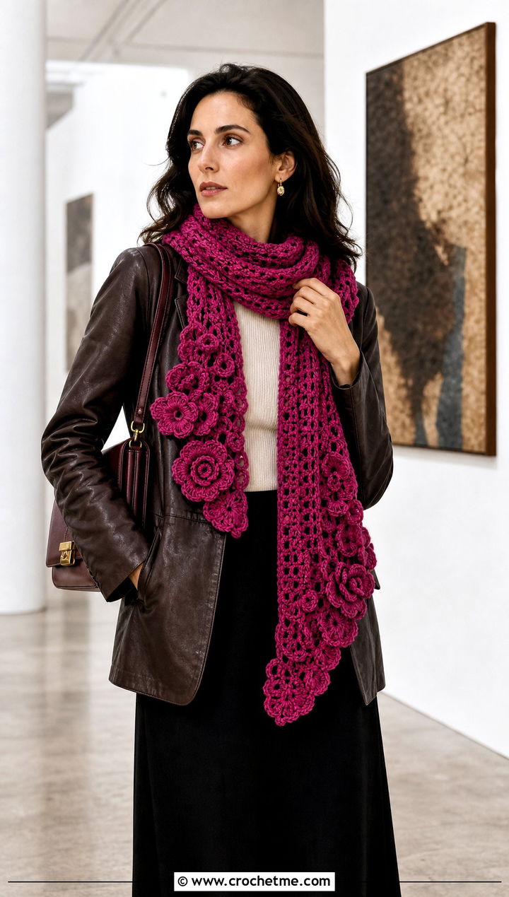 Floral Applique Crochet Winter Scarf With Leather Blazer - 35 crochet winter scarf outfit ideas