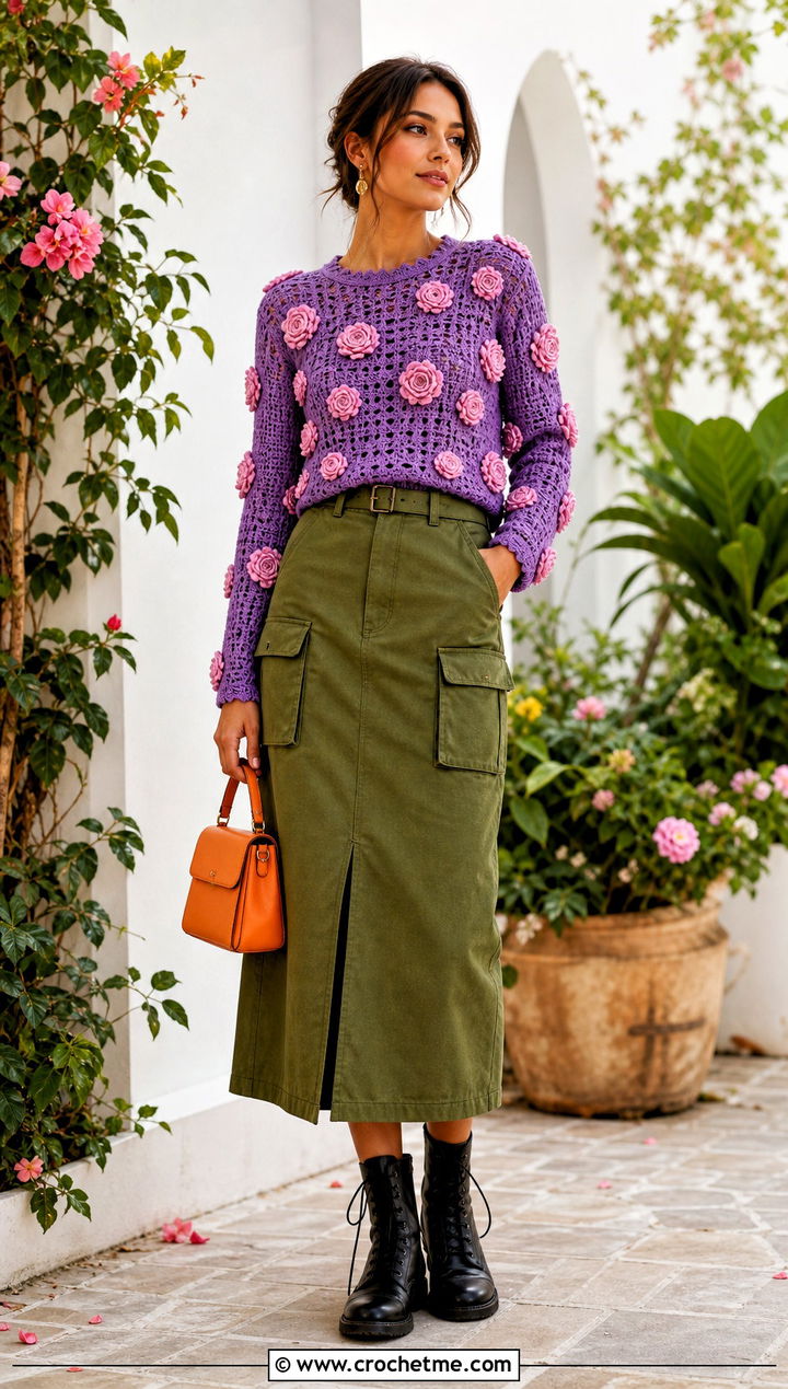 Floral Applique Crochet Wool Top With Utility Skirt - 35 crochet wool top outfit ideas